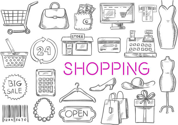Shopping vector isolated sketch icons Shopping icons set. Vector isolated sketch line shopping items of shopping basket, money purse bag, shop counter, dress, atm bank, credit card, store, discount label, price tag, barcode, clothes hanger, shoes, shopping gift box. Fashion items store drawings stock illustrations