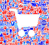 Shopping Vote and Elections USA Patriotic Icon Pattern. This 100% vector composition features red and blue vote and elections icon pattern. The icons vary in size and include such election iconography as voting, candidates, leadership, voting ballots, republican and democratic symbols and people participating in the voting process.