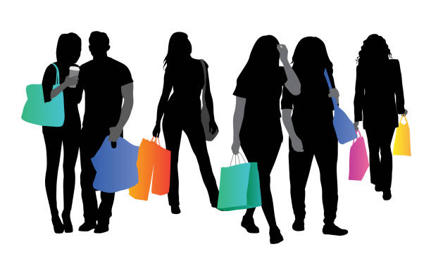 Shopping Youth Group of young people out shopping with colorful shopping bags shopping silhouettes stock illustrations