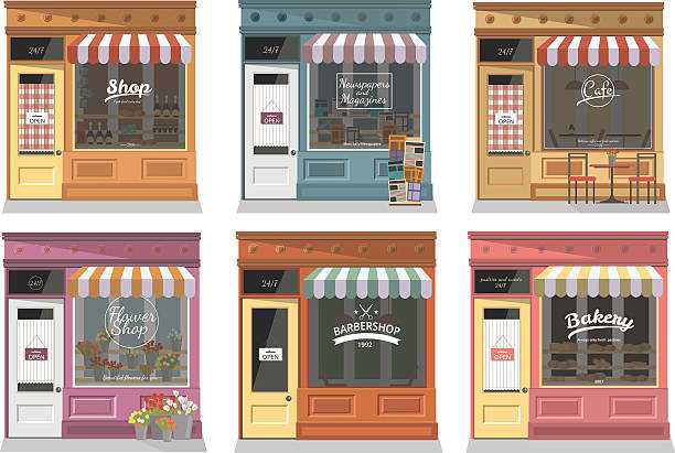 Shops and stores facade icons set in flat design style. Shops and stores facade icons set window clipart stock illustrations