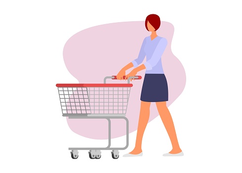 Short haired young woman pushing empty trolley. Simple flat illustration.