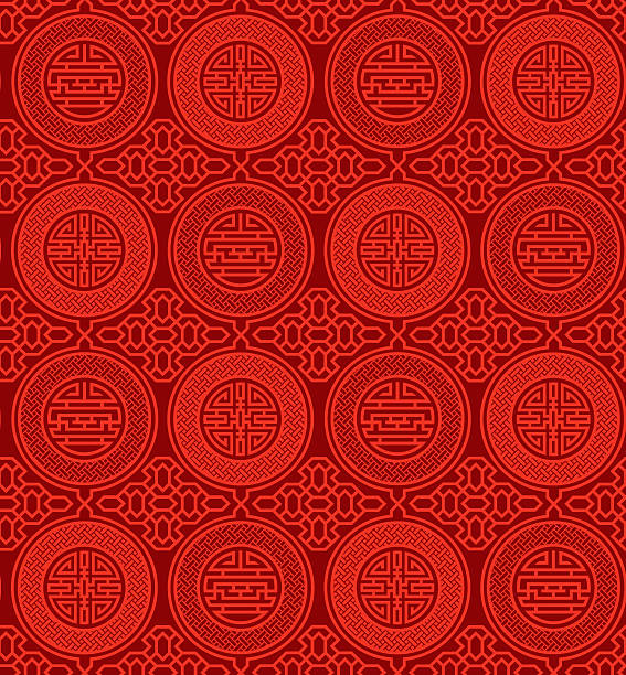 Shou and cai / Variation 1 (Seamless, oriental pattern) Seamless, oriental pattern with Chinese symbols shou and cai in bright red on a darker red background; representing longevity (shòu 寿), and wealth (cái 財). chinese culture stock illustrations