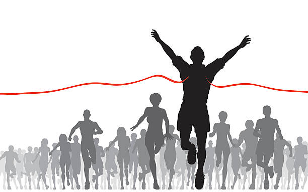 A shouters of a person crossing a finish line at a race Editable vector illustration of a man winning a race. Hi-res jpeg file included. success silhouettes stock illustrations