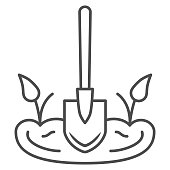 istock Shovel in soil thin line icon, Garden and gardening concept, Gardening tool sign on white background, shovel in ground icon in outline style for mobile concept and web design. Vector graphics. 1277468985