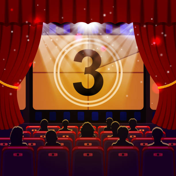 Show Time Concept Show Time Concept. Cinema and Theatre hall with seats, silhouettes and countdown on screen. Vector illustration presentation speech borders stock illustrations