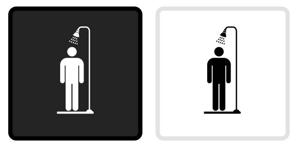 Shower Icon on  Black Button with White Rollover Shower Icon on  Black Button with White Rollover. This vector icon has two  variations. The first one on the left is dark gray with a black border and the second button on the right is white with a light gray border. The buttons are identical in size and will work perfectly as a roll-over combination. bathroom borders stock illustrations