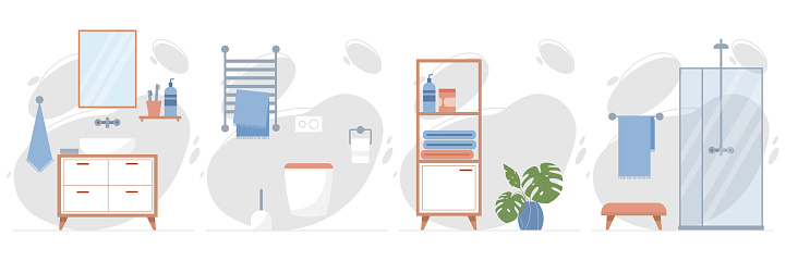 Shower room or bathroom interior design flat vector illustration.