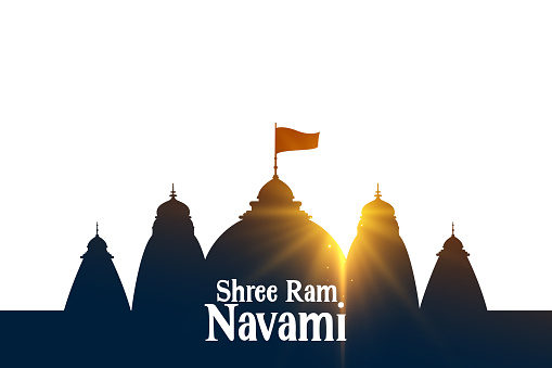shree ram navami wishes card with temple and sin rays