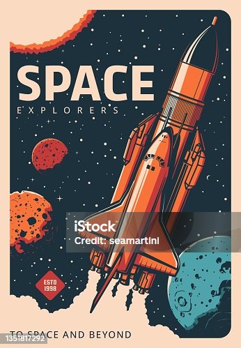istock Shuttle spaceship in galaxy retro vector poster 1351817292