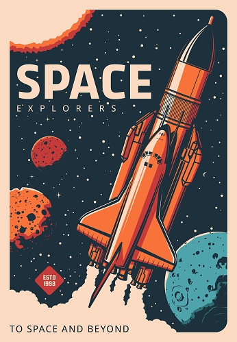 Shuttle spaceship in galaxy retro vector poster