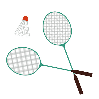 Shuttlecock and two badminton rackets. Badminton.