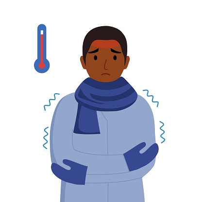 Sick African man wearing scarf suffering from flu in flat design. Black guy has fever symptom. Cold or influenza disease concept. Season allergy.