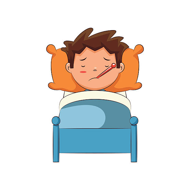 больным ребенком в постели, - clip art of a cold and flu stock illustration...