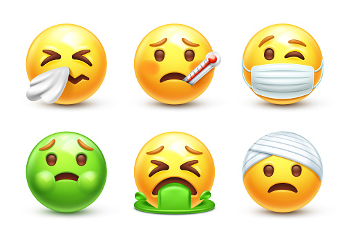 Winking emoticon in medical mask. Green face holding back vomit and vomiting emoji. Sneezing, bandaged head and thermometer in mouth vector icons set