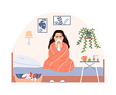 istock Sick person on bed with blanket treatment. Flat common cold flu virus concept. Sneezing woman blow nose. Character has influenza infection cough runny nose fever. Medical cartoon vector illustration. 1300033094