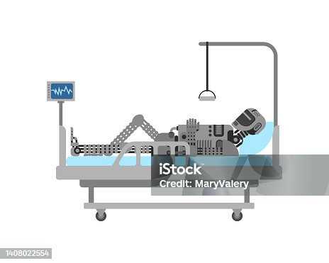 istock Sick robot on hospital bed. cyborg repair. The concept of future of mankind 1408022554