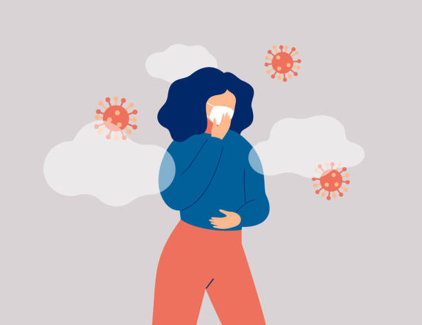 ilustraciones, imágenes clip art, dibujos animados e iconos de stock de la mujer enferma rodea a los microbios lleva máscara facial. - enfermedad