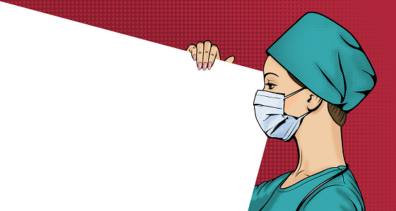 Side profile of a female doctor in a medical mask. Woman in surgical cap in pop art style. Retro halftone background with copy space.