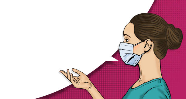 Side profile of a female face in a medical mask. Woman with speech bubble in pop art style. Retro halftone background with copy space. Side profile of a female face in a medical mask. Woman with speech bubble in pop art style. Retro halftone background with copy space. Healthcare vector illustration. nurse face stock illustrations