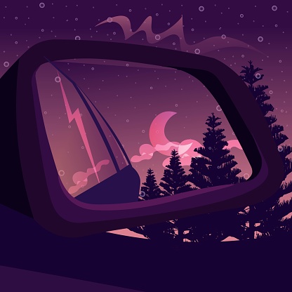 Side view mirror reflection of a dark forest under the night sky. Fantasy landscape with a gradient sunset and tree silhouettes seen from inside the car.