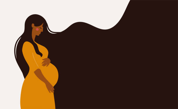 Side view of a beautiful pregnant black woman in a yellow dress. Banner about pregnancy and motherhood with copy space, background for text. Flat cartoon vector illustration. Side view of a beautiful pregnant black woman in a yellow dress. Banner about pregnancy and motherhood with copy space, background for text. Flat cartoon vector illustration pregnant backgrounds stock illustrations