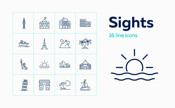 Sights line icon set Sights line icon set. Paris, London, New York. Tourism concept. Can be used for topics like vacation, travel, sightseeing beach icons stock illustrations