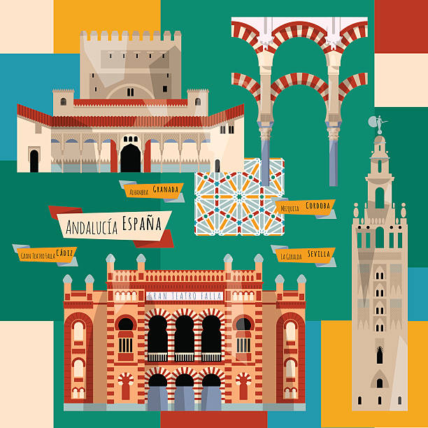 Sights of Andalusia. Seville, Granada, Cordoba, Cadiz, Spain, Europe. Sights of Andalusia. Seville, Granada, Cordoba, Cadiz, Spain, Europe. Vector illustration cordoba mosque stock illustrations
