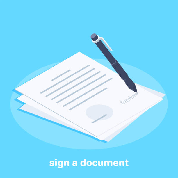 sign a document Isometric vector image on a blue background, a white sheet with the contract or business document and a pen for signing, the conclusion of contracts document illustrations stock illustrations