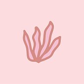 Sign hand drawn herbal Twig leaves. Floral sprig. Spring flower, buttons, blade, bush isolated on pink background. Cartoon outline vector illustration for wedding design,logo, greeting card. Single.