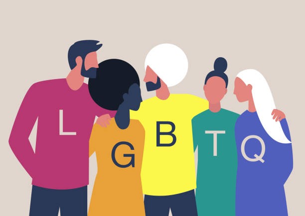 lgbtq+サイン、同性愛関係、現代のゲイ、レズビアン、バイセクシュアル、トランスジェンダー、奇妙な人々が抱き合い、お互いをサポートする多様なコミュニティ - lgbtqi点のイラスト素材／クリップアート素材／マンガ素材／アイコン素材