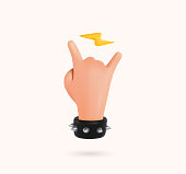 istock Sign of the horns ui hero character. Rock sign hand gesture isolated 3d cartoon hand. Heavy metal isolated arm 1368102005