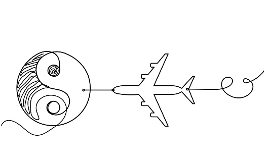 Sign of yin and yang  with plane as line drawing on white background