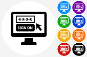 Sign On Computer Icon on Flat Color Circle Buttons. This 100% royalty free vector illustration features the main icon pictured in black inside a white circle. The alternative color options in blue, green, yellow, red, purple, indigo, orange and black are on the right of the icon and are arranged in two vertical columns.