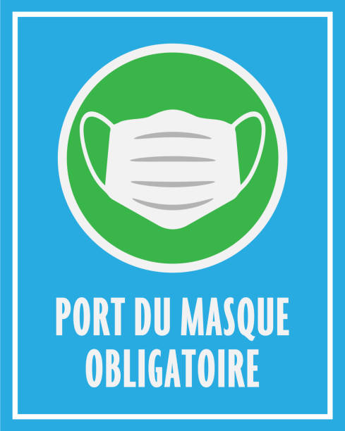 sign or sticker with text PORT DU MASQUE OBLIGATOIRE, French for wearing a face mask is mandatory sign or sticker with text PORT DU MASQUE OBLIGATOIRE, French for wearing a face mask is mandatory, with protective face covering symbol french language stock illustrations