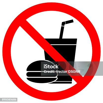 istock NO EATING OR DRINKING sign. Paper cup with tubule and hamburger icons in crossed out red circle. Vector 890080686
