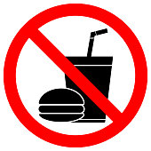 NO EATING OR DRINKING sign. Paper cup with tubule and hamburger icons in crossed out red circle. Vector.
