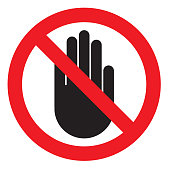 istock NO ENTRY sign. Stop palm hand icon in crossed out red circle 1214520844