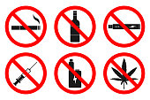 NO SMOKING, NO VAPING, NO HEMP, NO DRUGS, NO ALCOHOL sign. Vector.