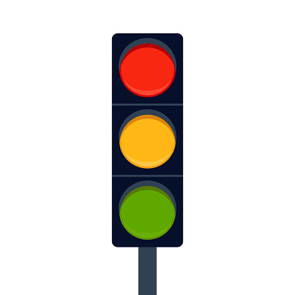 Signal traffic light on road, stoplight. Direction, control, regulation transport and pedestrian. Vector illustration