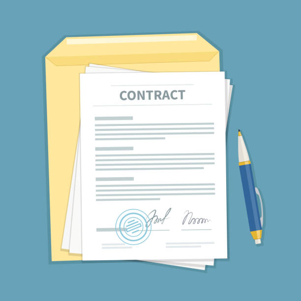 Signed a contract with stamp, envelope, pen. The form of document. Financial agreement concept. Signed a contract with stamp, envelope, pen. The form of document. Financial agreement concept. Top view. Vector illustration. contract stock illustrations