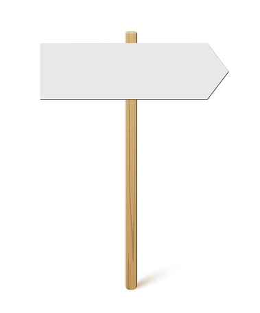 Signpost with blank direction sign on road. Wooden stick with white arrow board vector illustration. Retro street post isolated on white background. Simple empty crossroad banner.