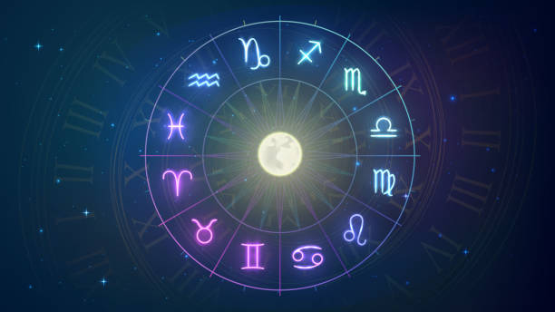 Signs of the zodiac in night sky Wheel with twelve signs of the zodiac in night sky, astrology, esotericism, prediction of the future. numerology stock illustrations