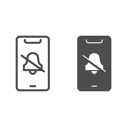 Silent mode on smartphone line and solid icon, smartphone review concept, no bell on mobile sign on white background, turn off phone ringer icon in outline style for mobile concept. Vector graphics