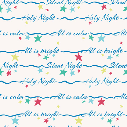 Silent night holy night lettering vector seamless pattern with colorful stars. Surface pattern design for Christmas Holidays fabric, giftwrap, scrapooking projects or backgrounds. vector