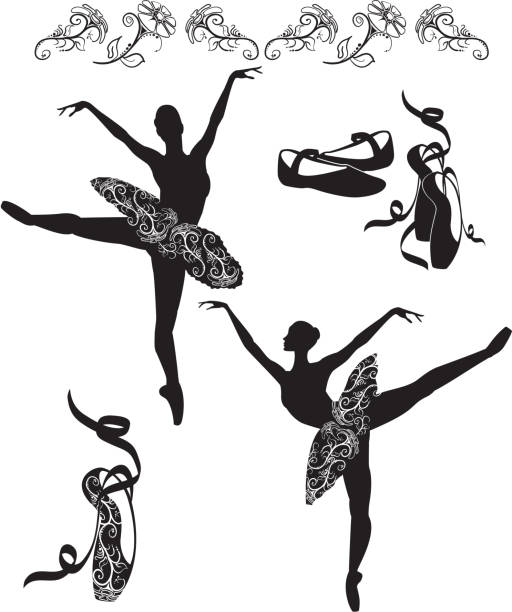 силуэт балерины в поза арабеск, черный и белый - silhouette of a ballet sli...