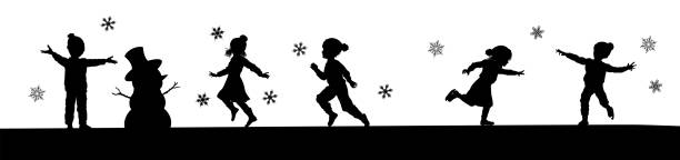 Silhouette Christmas Children in Winter Playing A scene of children in silhouette playing in Christmas or winter cold weather clothing making snowman, ice skating and running in the snow winter silhouettes stock illustrations
