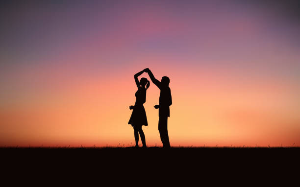 silhouette paar mann und frau tanzt auf hügel unter sonnenuntergang himmelshintergrund - flirt stock-grafiken, -clipart, -cartoons und -symbole
