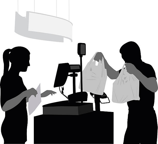 Silhouette Customer Leaving The Till A vector silhouette illustration of a  young man taking away his shopping bags from the young, female cashier who just rang up his purchase. supermarket silhouettes stock illustrations