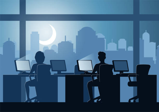 Silhouette design of office workers doing works over time at night Silhouette design of office workers doing works over time at night,vector illustration office silhouettes stock illustrations