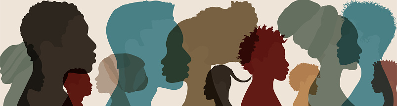 Silhouette face head in profile ethnic group of black African and African American men and women. Racial equality and justice - Identity concept. Racial discrimination. Racism